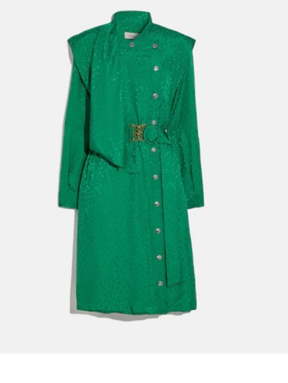 Coach Green Long-Sleeve Button Dress with Logo Buckle Belt